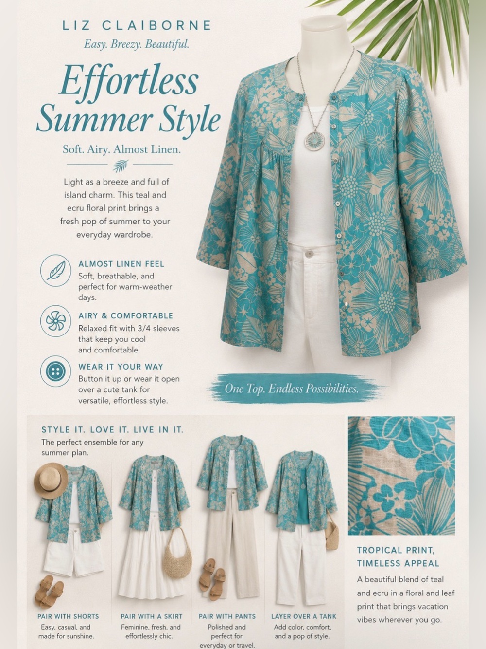 Liz Claiborne Teal and Ecru Floral Lightweight Blouse or Jacket